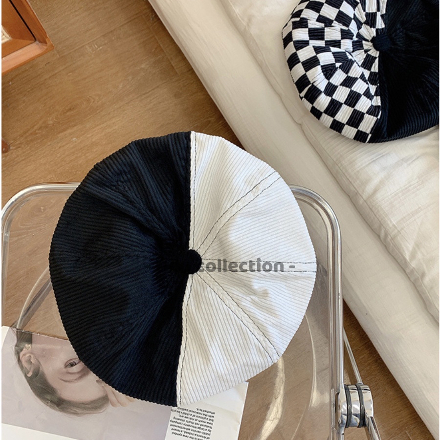 [Nowship2h] Mũ Beret (Mũ Nồi) Họa Sĩ Cao Cấp Họa Tiết Caro &amp; Sọc Trắng Đen Hottrend Phong Cách Hàn Quốc - Mã NV037