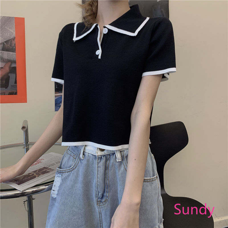 Áo thun tay ngắn dáng ôm màu tương phản thời trang cho nữ