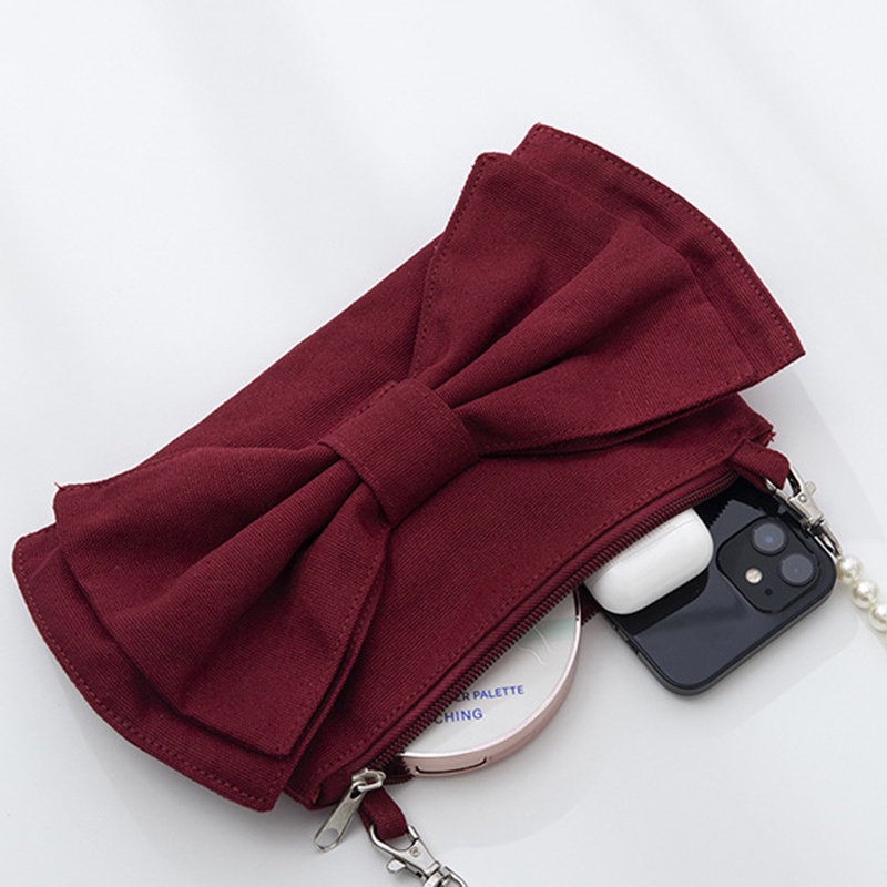 Túi đeo vai IELGY vải canvas phối nơ cỡ lớn dây đeo ngọc trai phong cách Hàn Quốc dành cho nữ