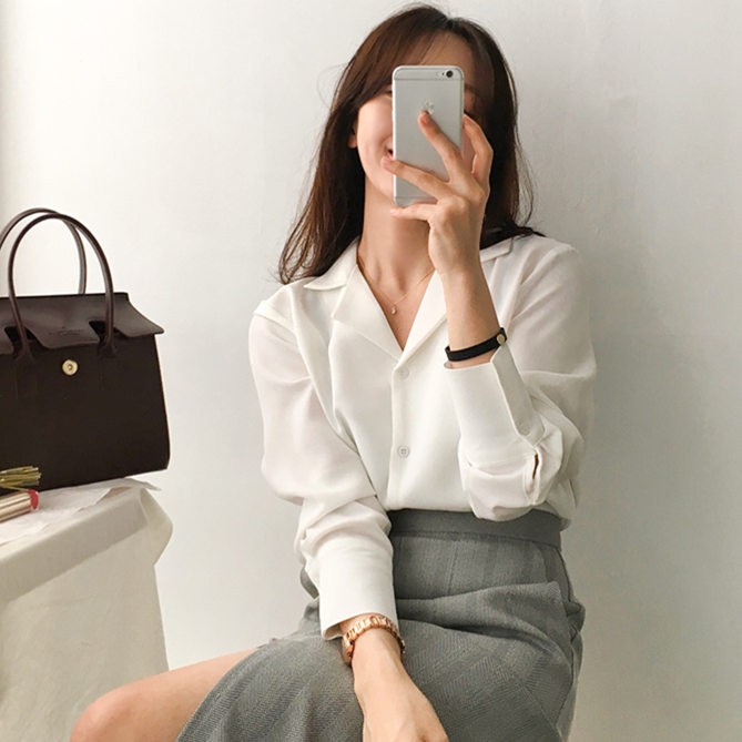 Áo sơ mi trắng SUXI tay dài cổ V đơn giản thanh lịch