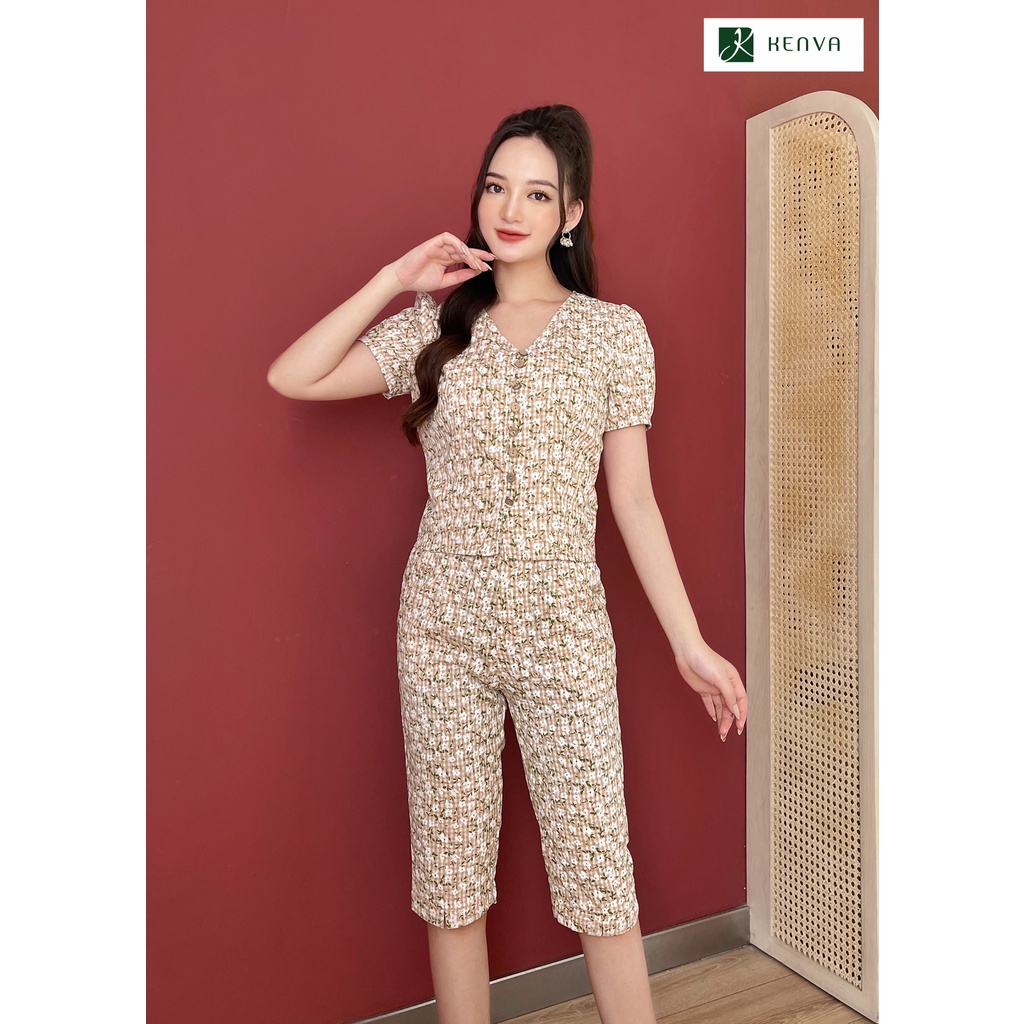 ℡☸✷Bộ đồ ngủ thô Kenva nữ. Set mặc nhà chất mềm mại, họa tiết hoa nhí, cổ tim tay phồng dáng quần ngố thỏa mái