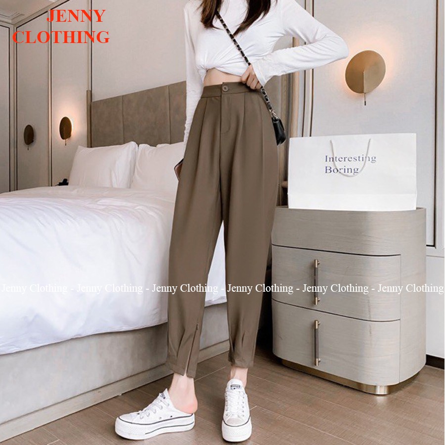 Quần baggy nữ bo gấu dáng bom lưng thun khóa kéo ống cá tính chất vải tuyết mưa màu đen - nâu mặc đi chơi làm công sở