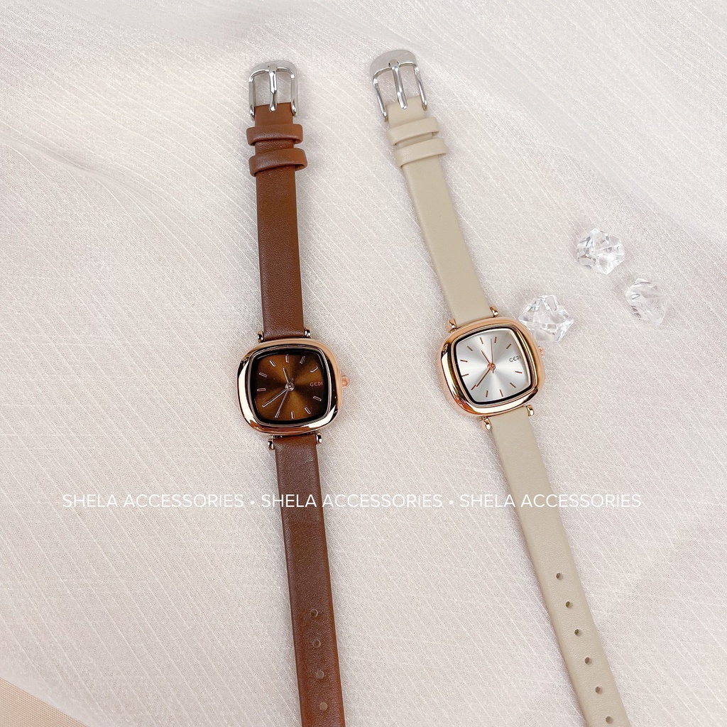 Đồng hồ nữ dây da chính hãng đẹp mặt vuông đeo tay thời trang chống nước 3ATM vintage màu nâu, trắng ulzzang GEDI GD03