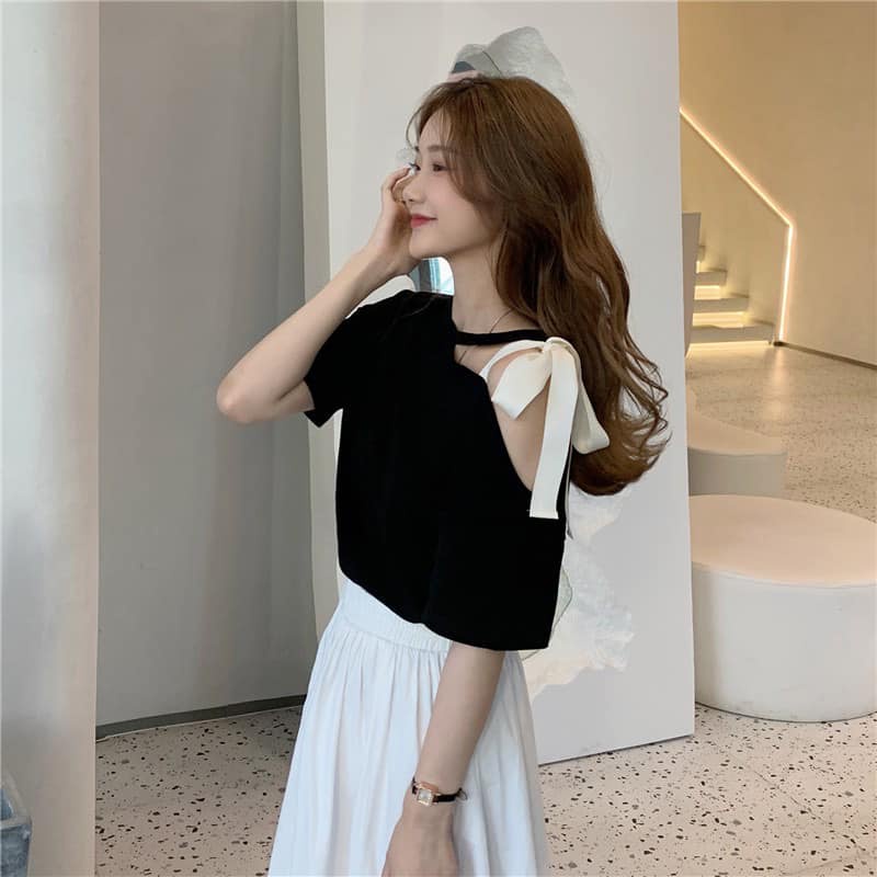 Áo thun nữ choker trễ vai buộc nơ vai 2 mầu kiểu ulzzang vintage tiều thư bánh bèo dễ thương THOITRANG1989 🍀