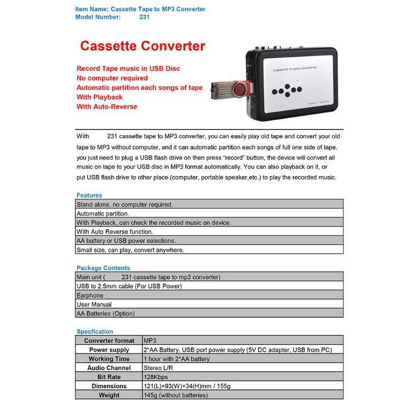 Bộ Chuyển Đổi Băng Cát Sét Sang MP3 USB Cho Laptop Và Máy Tính Cá Nhân