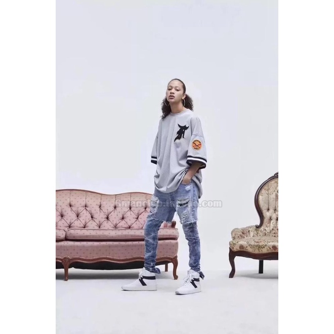 Áo thun tay ngắn dáng rộng phối lưới phong cách hip hop thời trang