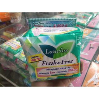 CHE TÊN Băng vệ sinh siêu mỏng cánh Laurier Fresh & Free (8 miếng/gói) + Tặng kèm 1 băng vệ sinh ban ngày 22.5cm