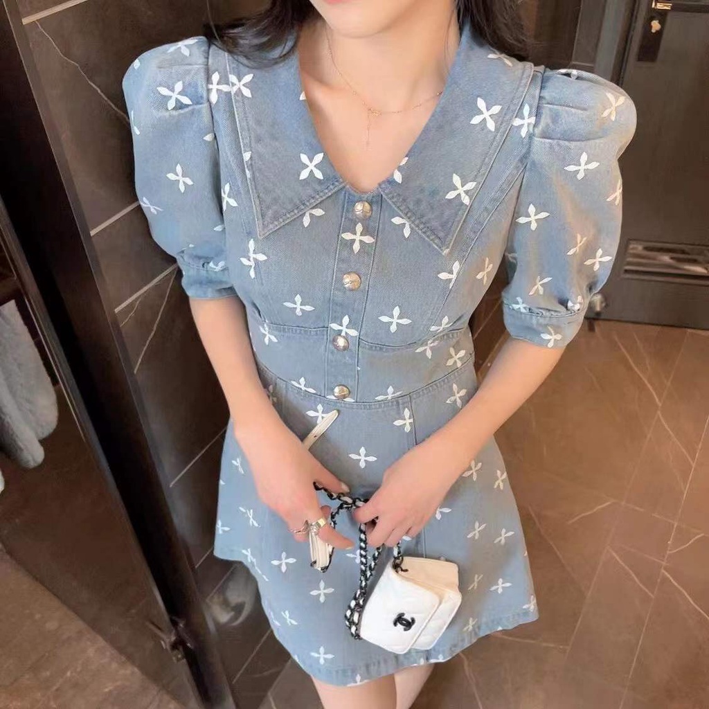 Váy chữ A tay ngắn in họa tiết kiểu Pháp mùa hè 2022 mới cho nữ