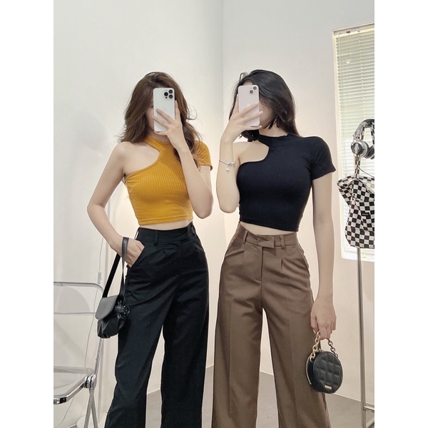 Áo Thun Gân Croptop Vintage Lệch Vai Xịn Xò [ ẢNH THẬT ] MÓM STORE