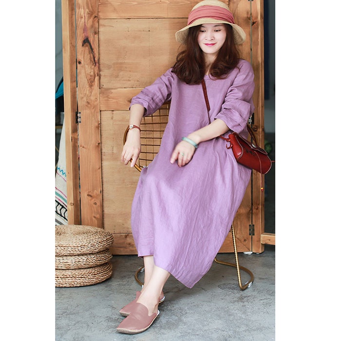Đầm suông linen cổ tim chồng tay lỡ - Tím nhạt