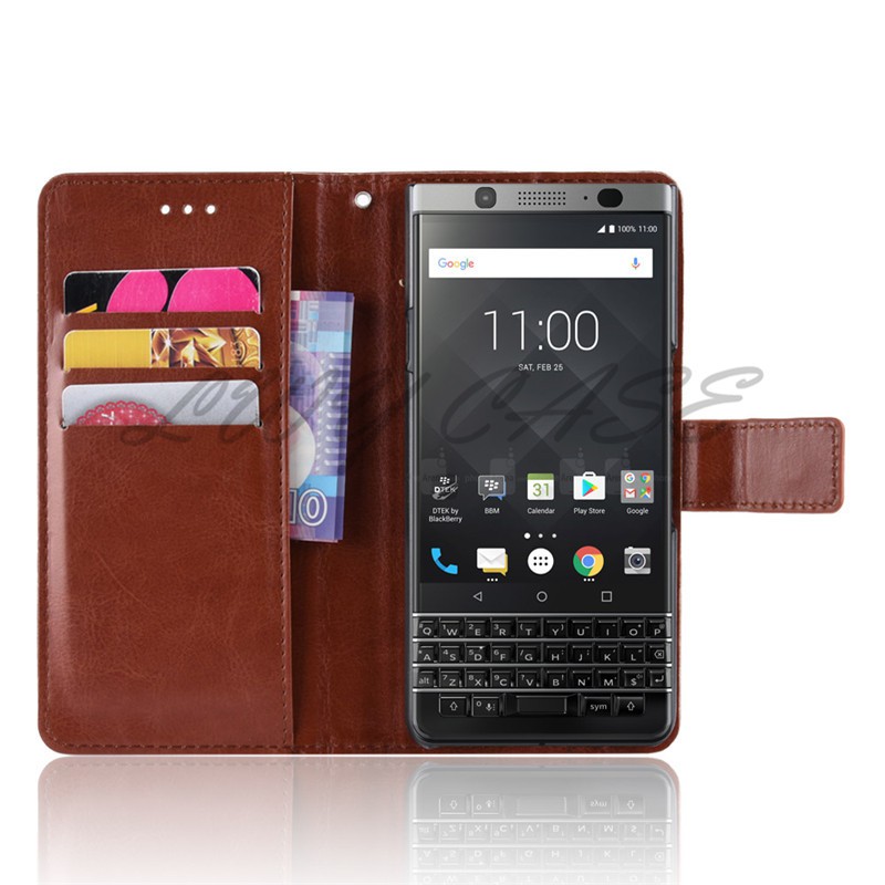 Bao da điện thoại PU màu trơn có giá đứng và ví tiền tiện dụng cho BlackBerry Keyone Priv KEY2