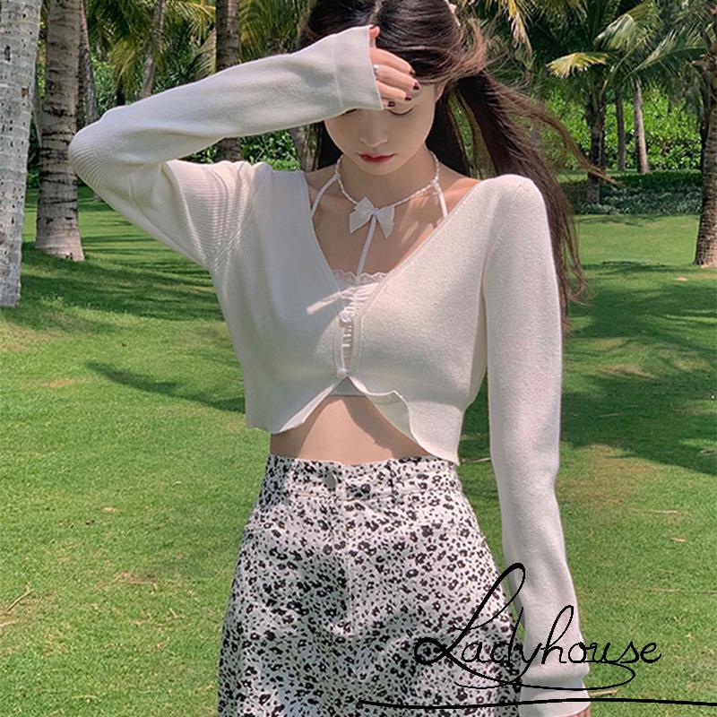 Áo croptop dệt kim tay dài cổ chữ V màu sắc đơn giản dành cho nữ