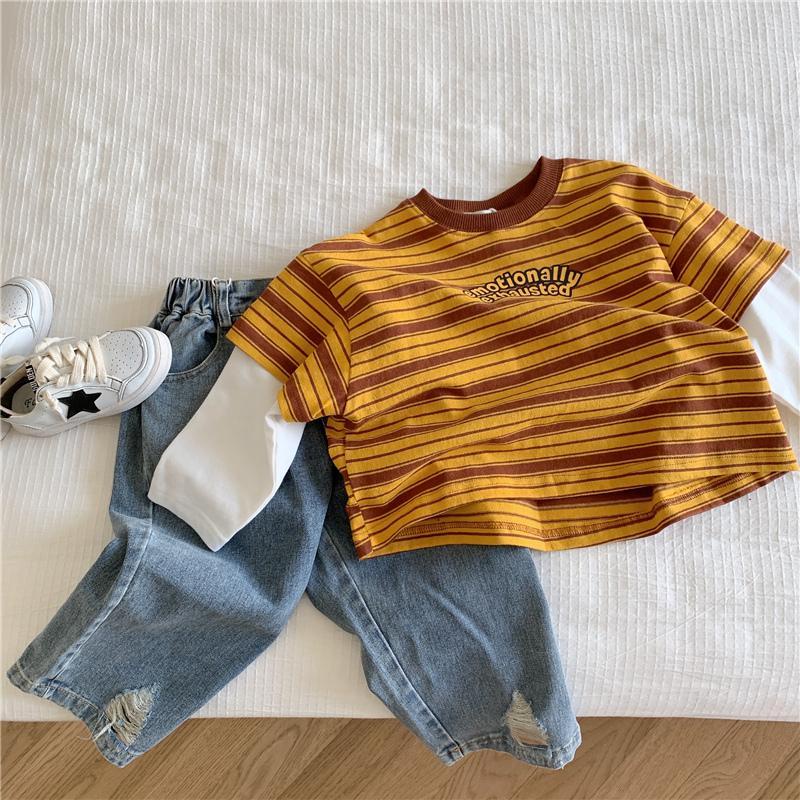 [Babycat] Hàng Có Sẵn Áo Thun Tay Dài Giả Hai Lớp Dáng Rộng Cổ Tròn Kẻ Sọc Phong Cách Nhật Bản Hàn Quốc Nhật Bản Mới Cho Bé Trai