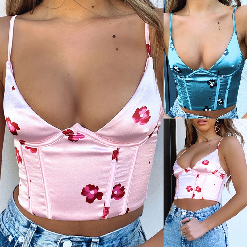Áo Croptop Hai Dây Cổ Chữ V Khoét Sâu In Họa Tiết Hoa Phong Cách Vintage Quyến Rũ