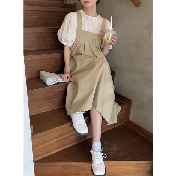 Váy yếm form rộng dáng dài dây bảng to màu nâu tây