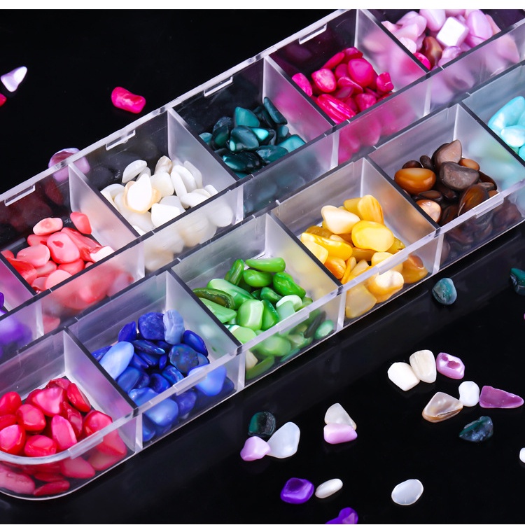 Đá đính móng nail khay sỏi 12 màu mix size tặng kèm nhíp gắp đá , đá sỏi gắn trang trí móng chuyên dụng