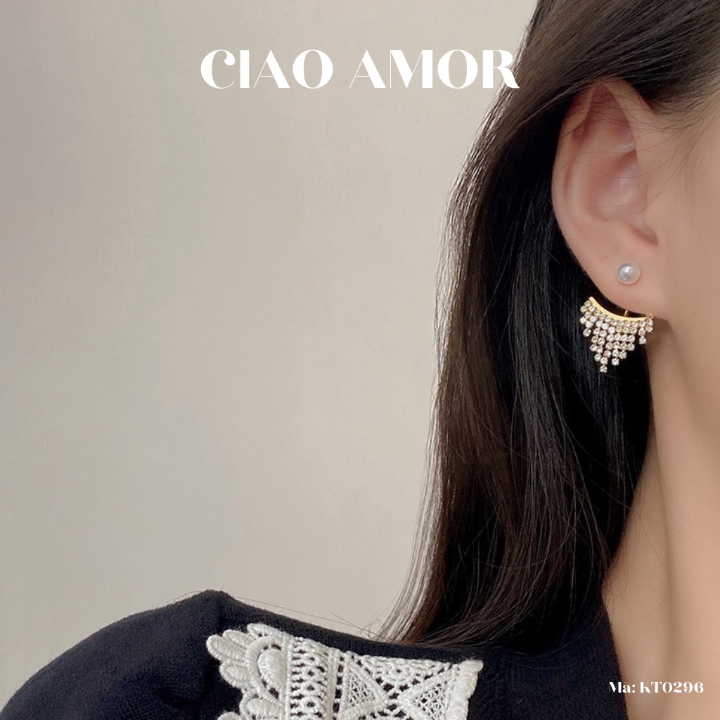 Khuyên tai nữ, Bông tai nữ bạc 925 nụ ngọc viền thả đính ngọc quý phái Trang sức Ciao Amor - KT0296