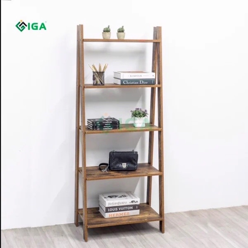 Kệ gỗ hình thang 5 tầng , giá kệ sách để sàn phòng khách GP114.08 màu gỗ cháy