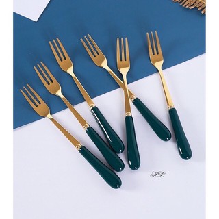 Thìa dĩa inox mạ vàng cán sứ màu xanh