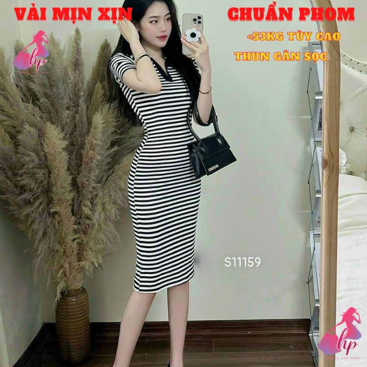 Váy đầm polo nữ cổ sơ mi ôm body tay ngắn  thun cottton sọc trắng đen kiểu hàn quốc thời trang sang chảnh alohashop91