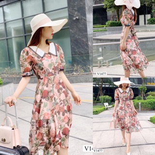 Thiết kế đầm hoa cổ bẻ V1477 ảnh thật shop chụp