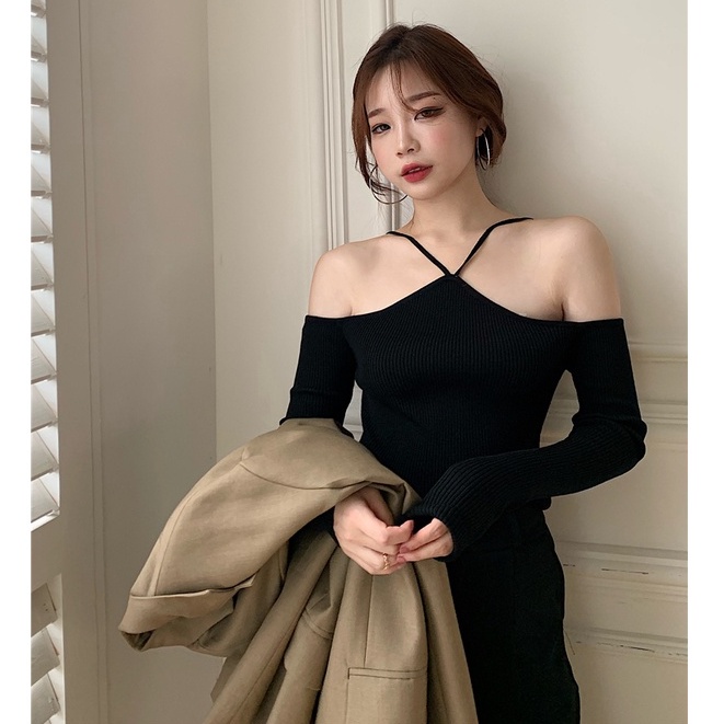 Mặc gì đẹp: [Hàng Đẹp] Xiaozhainv Áo Croptop Hở Vai Tay Dài Màu Trơn Thời Trang Gợi Cảm Cho Nữ