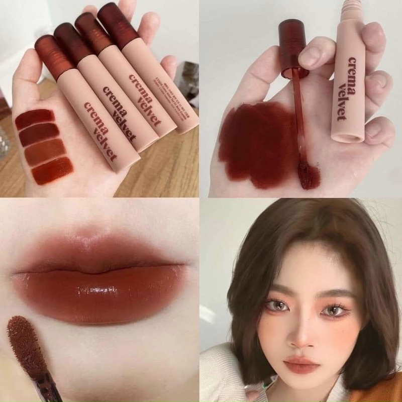 Son Kem Lì, Mịn Mượt như Nhung Etude Crema Velvet Tint 3.6g Đọ bám màu tốt với sắc tố màu cao, màu lên môi đậm và rõ