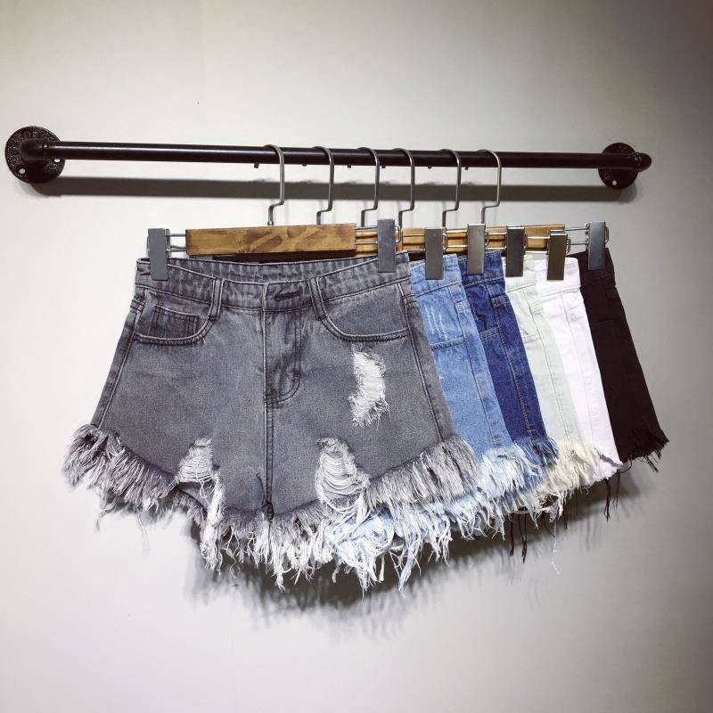 Quần Short Denim Rách Lưng Cao Viền Raw Phiên Bản Hàn Quốc Cỡ Lớn Dáng Chữ a Ôm Sát Màu Xám Khói Nóng Bỏng Cho Nữ Sinh