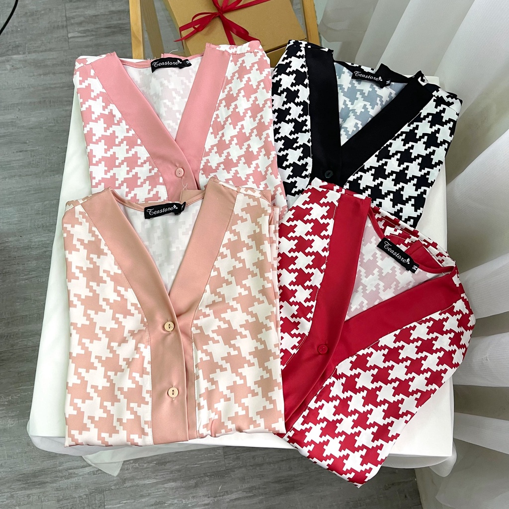 Bộ mặc nhà Pyjama chất lụa Tea Store áo dài quần dài họa tiết zigzag 4 màu cổ V | BigBuy360 - bigbuy360.vn