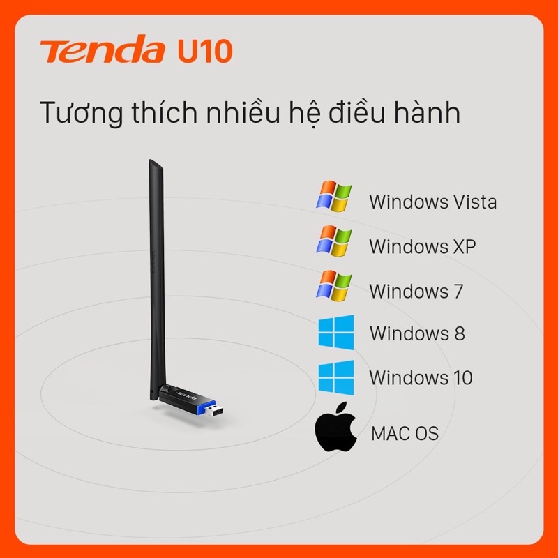 Usb wifi Tenda U10 băng tần kép 2.4Ghz và 5Ghz lớn đến 650M - Hàng chính hãng nội địa - bảo hàng 1 năm