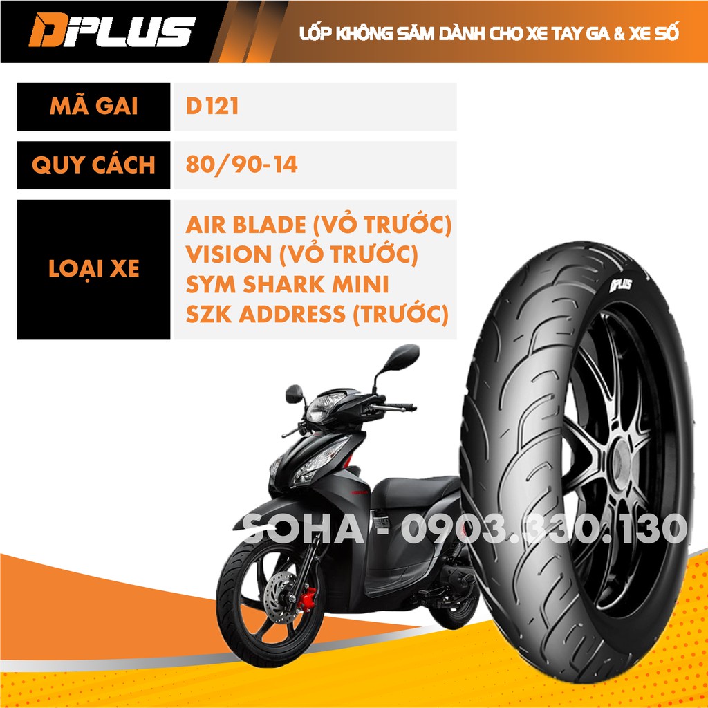 Vỏ/Lốp Trước Xe Honda AirBlade, Vision (Không Ruột) 80/90-14 DPLUS