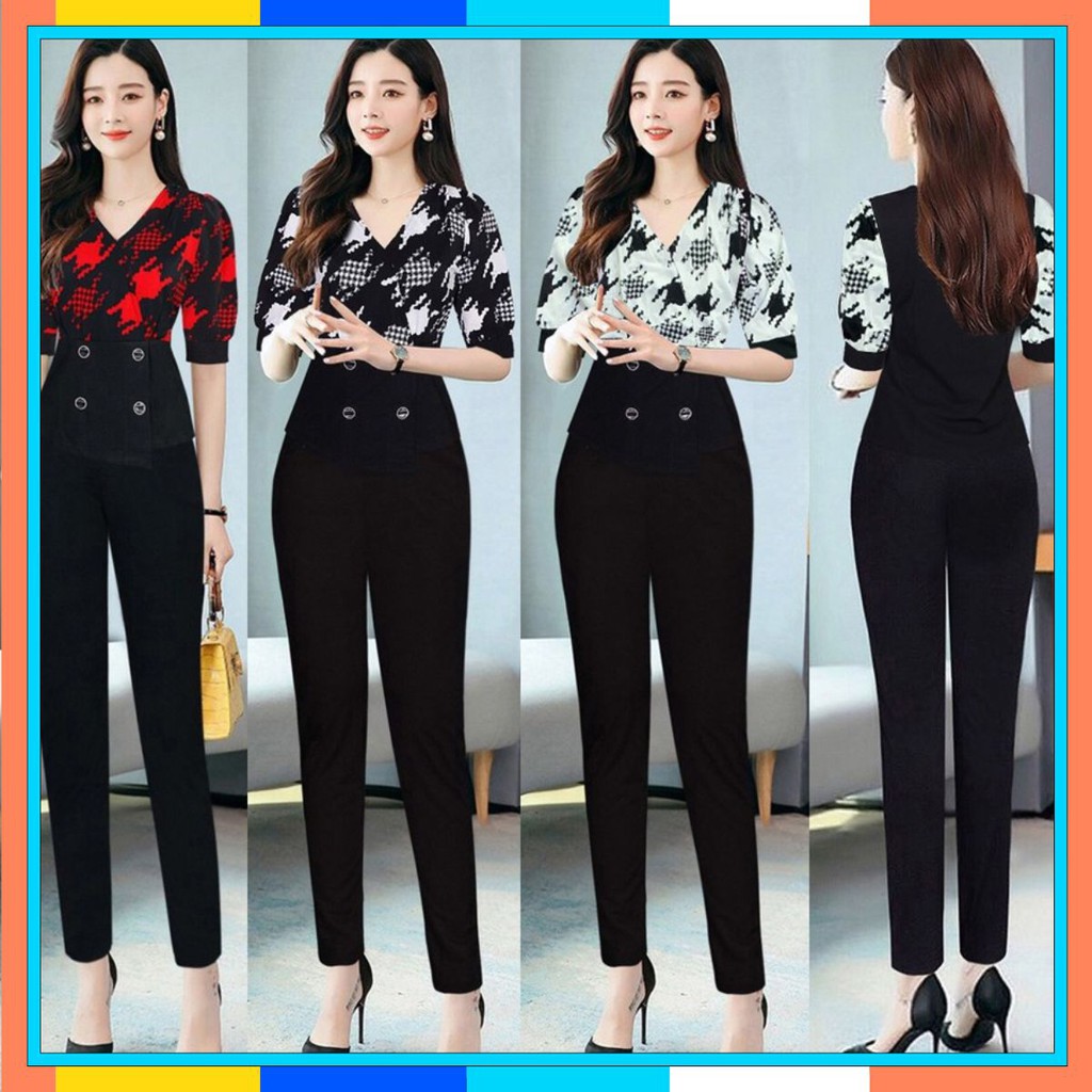 Bộ Đồ Nữ 🎁FREESHIP🎁 Set nguyên bộ quần dài áo sơ mi họa tiết phối 4 nút xinh xắn MS: TJ1120 | BigBuy360 - bigbuy360.vn