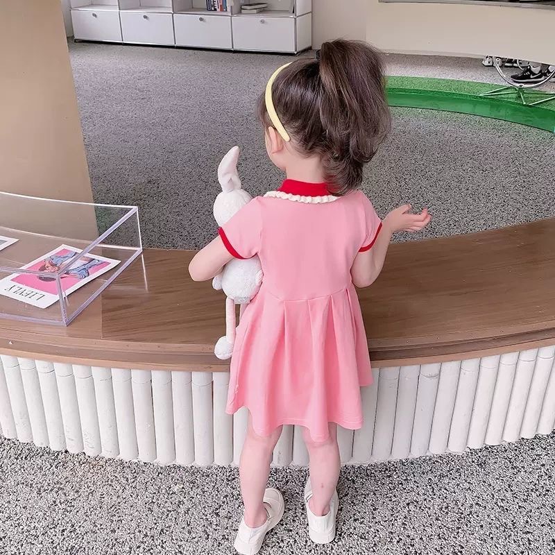 Đầm Công Chúa Tay Ngắn Cổ Bẻ Thêu Họa Tiết Thỏ Hoạt Hình Thời Trang Mùa Hè Cho Bé Gái
