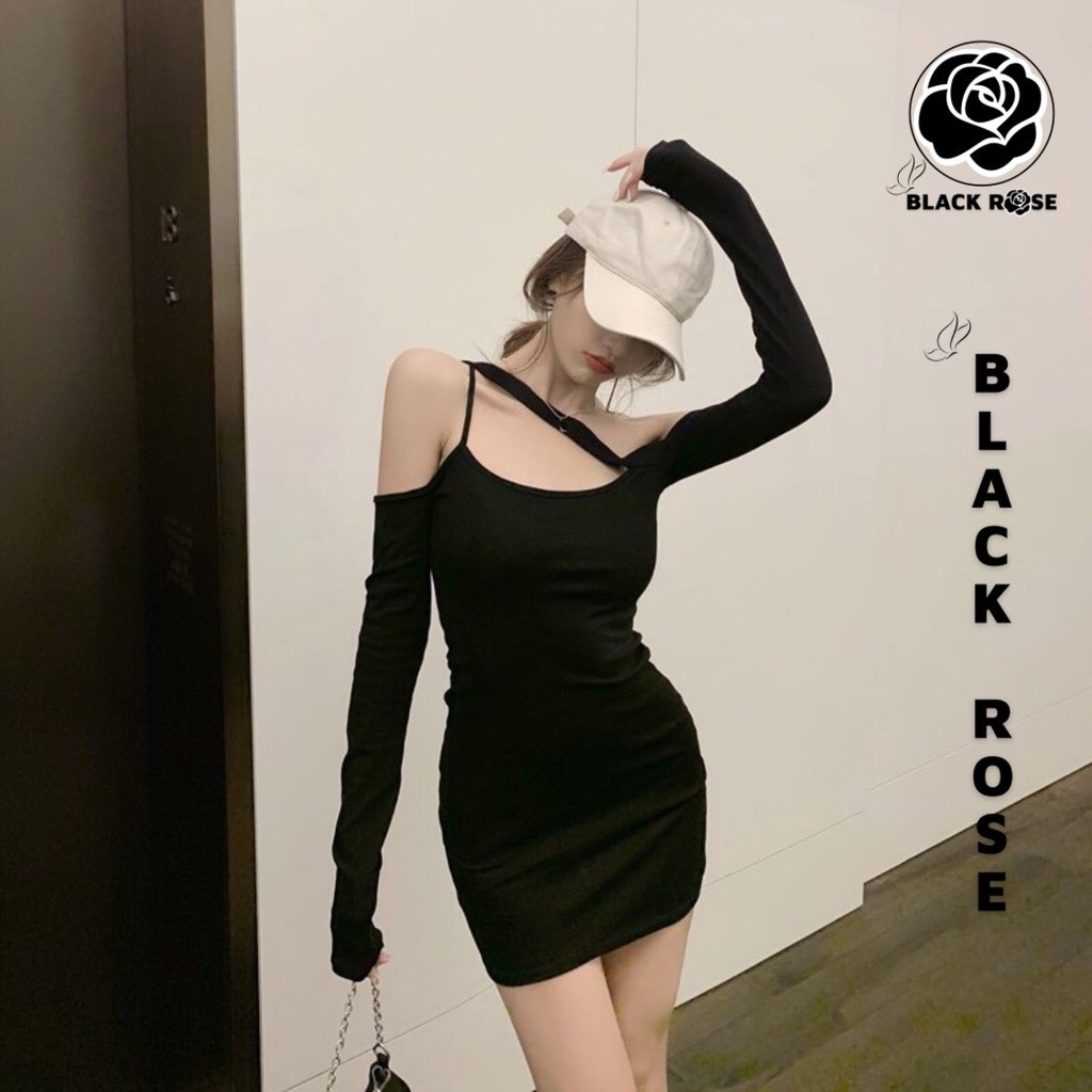 Váy Nữ Body Trễ Vai Dài Tay Black Rose Đầm Body Đen Cao Cấp Sexy- TẤM BOUTIQUE