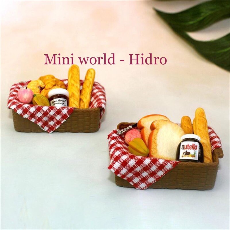 Set combo mô hình khay mây chữ Nhật giỏ bánh mì mứt bánh trái mini tí hon tỉ lệ 1/12 dành trang trí nhà búp bê