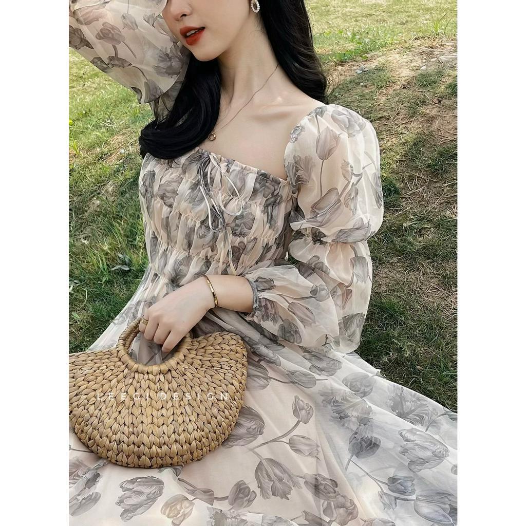Đầm váy voan maxi hoa nhí tay bồng dài tay LeeGi Design vải mềm mát Min6154 Min6155