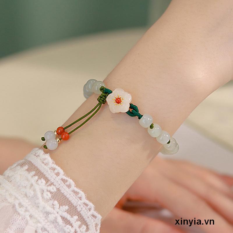 Vòng Đeo Tay Chuỗi Hạt Tròn Phối Hình Hoa Đào Dễ Thương Cho Nữ