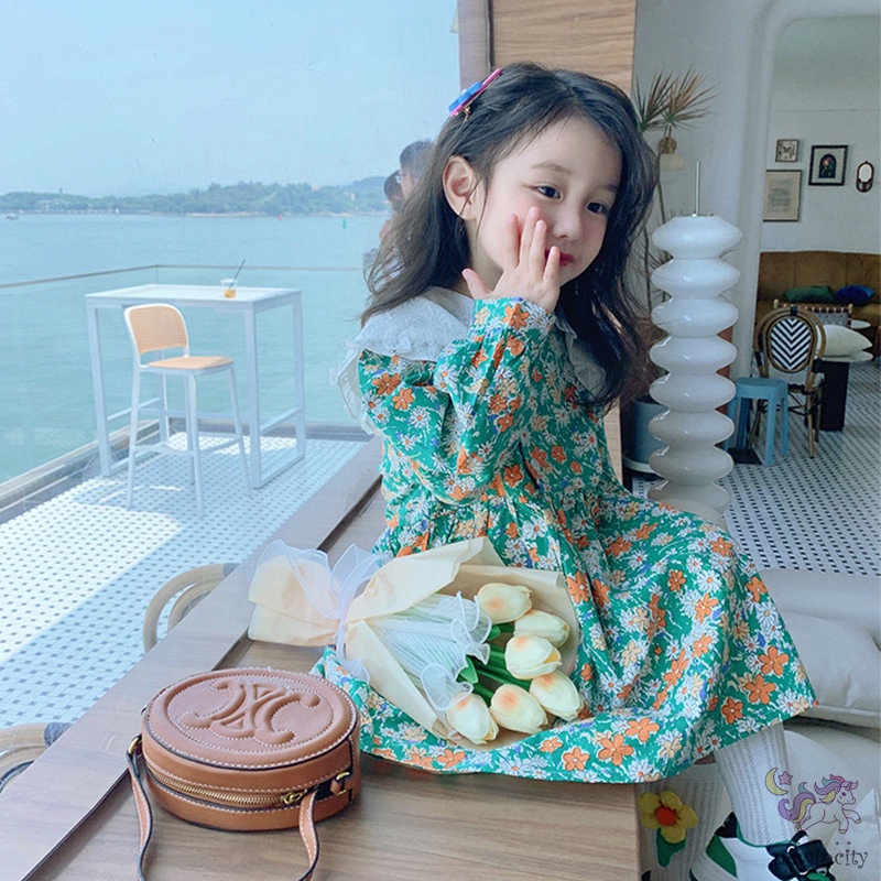 Đầm Công Chúa Tay Dài In Hoa Phong Cách Mori Hàn Quốc Cho Bé Gái