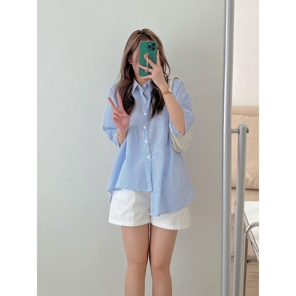 Áo sơ mi vạt lệch, Áo suông kiểu form rộng nữ tính kẻ xanh Ulzzang Hàn Quốc PHULA