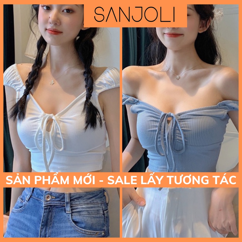 Áo Croptop Ôm SANJOLI Áo Croptop Trễ Vai Thắt Nơ Kiểu 2 Dây Bản To Sexy Bánh Bèo Thiết kế Hở Ngực AO054