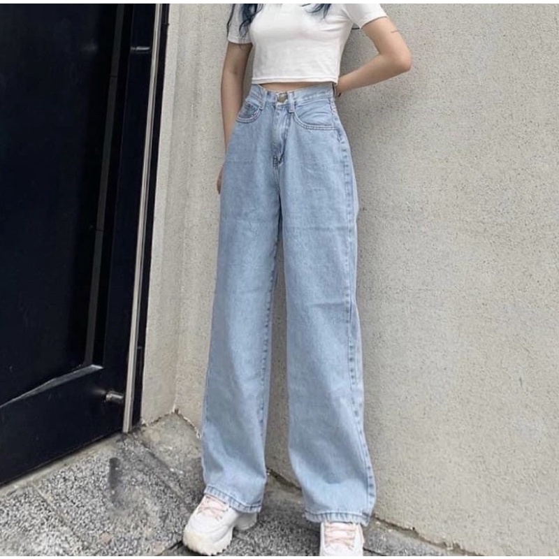 Quần bò nữ - quần jean ống rộng Lê Huy Fashion lưng cao màu xanh nhạt MS 0003 - 0004