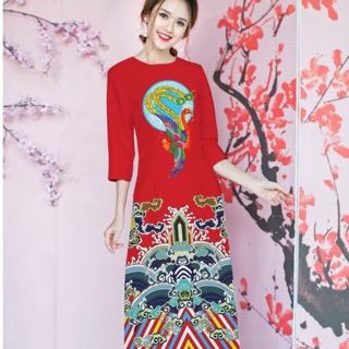 Co 3XL - AD1586 ÁO DÀI CÁCH TÂN LỤA IN 3D HỌA TIẾT LONG CUNG CHIM PHƯỢNG HOÀNG QUYỀN QUÝ SANG TRỌNG TAY LỠ KÈM QUẦN