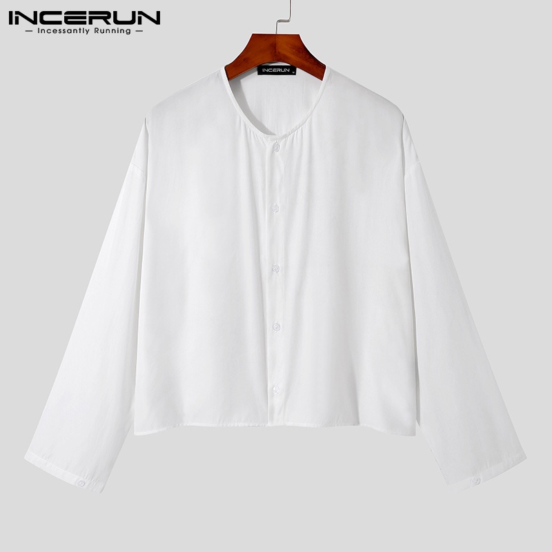Áo INCERUN dài tay màu trơn có hàng nút mỏng dáng rộng phong cách đơn giản cho nam