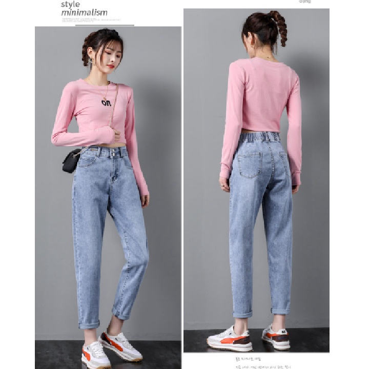 Quần bò baggy nữ quần jeans nữ cạp cao lưng chun quần nữ đẹp chín tấc  Cam Shop C06