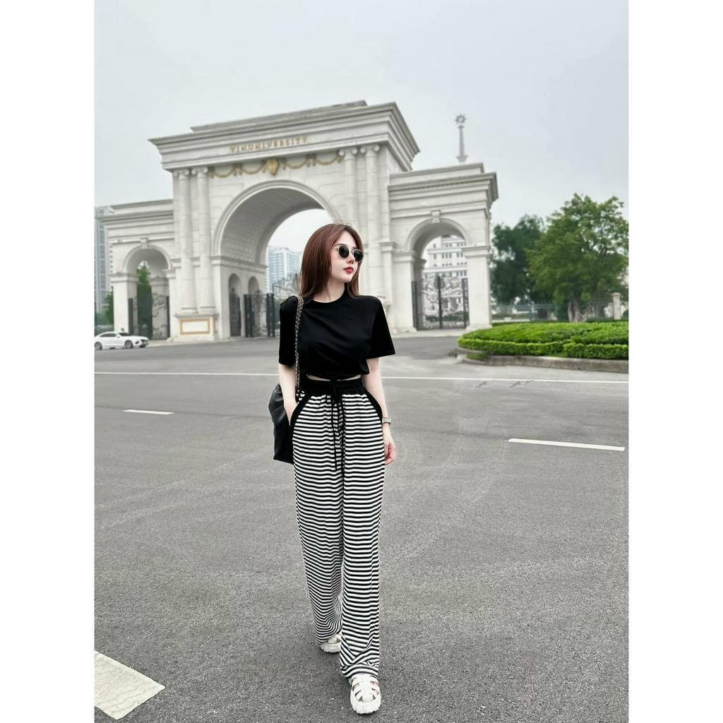 Sét Bộ thun Gân Aó Croptop Tay Ngắn Mix Quần Sọc ống Rộng Có Túi Phong Cách Trẻ Trung Năng Động