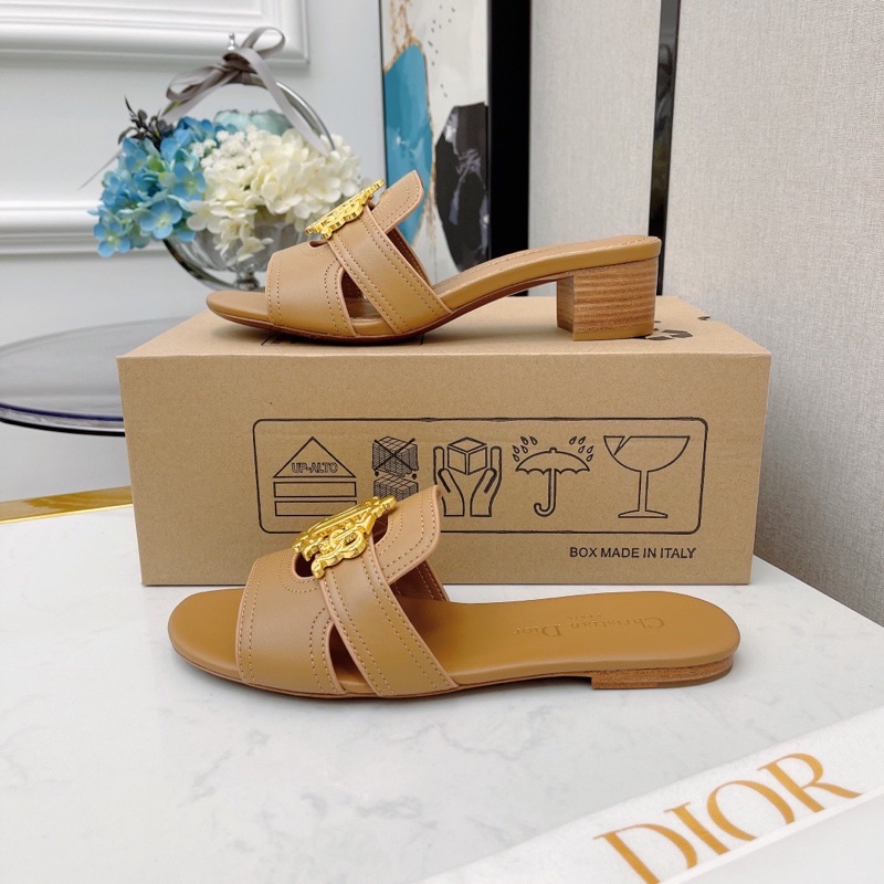 Dép thời trang đế bệt và cao gót thương hiệu Dior CD da thật cao cấp mặt ánh kim