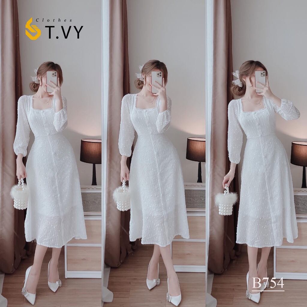 [Bán lỗ xin đánh giá] Đầm dự tiệc đầm trắng cổ vuông tay phồng dáng dài | BigBuy360 - bigbuy360.vn