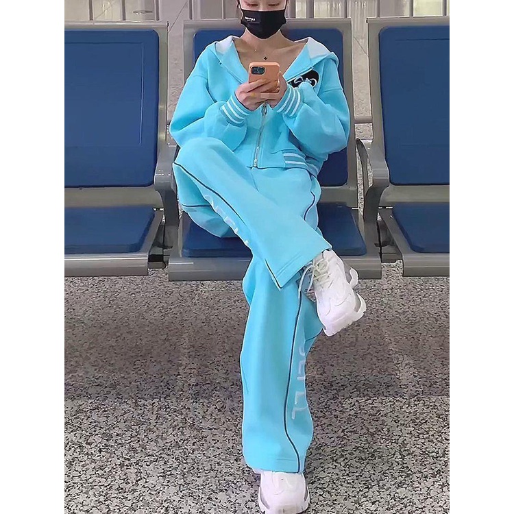 Áo Khoác Thể Thao Có Nón + Quần Ống Rộng Thời Trang Hàn Quốc