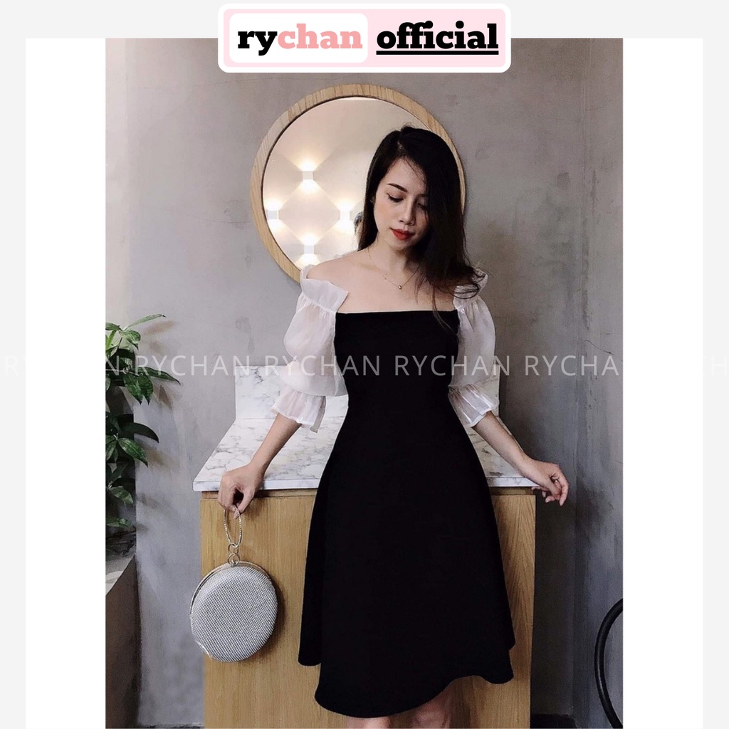 Đầm Xòe Trễ Vai Đen Phối Trắng Tay Lở - DX940