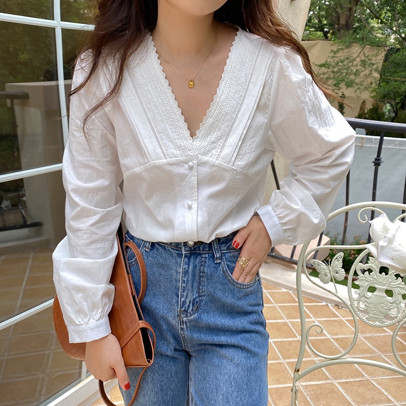 Áo sơ mi trắng PEPPERMINT 45383 dài tay cổ chữ V phối ren thanh lịch phong cách Hàn Quốc